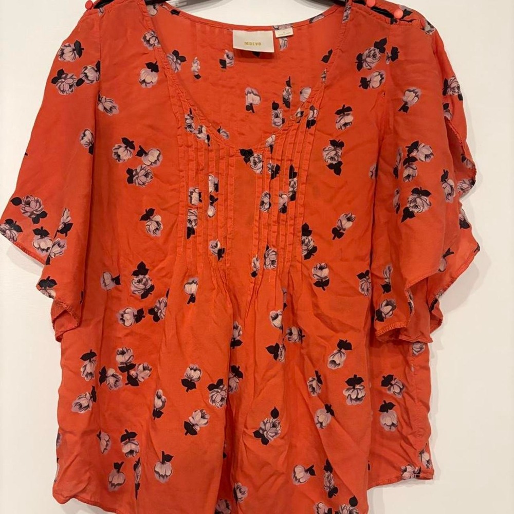 Maeve Anthropologie Salmon Floral Blouse Size small  Ruffle Sleeve Office